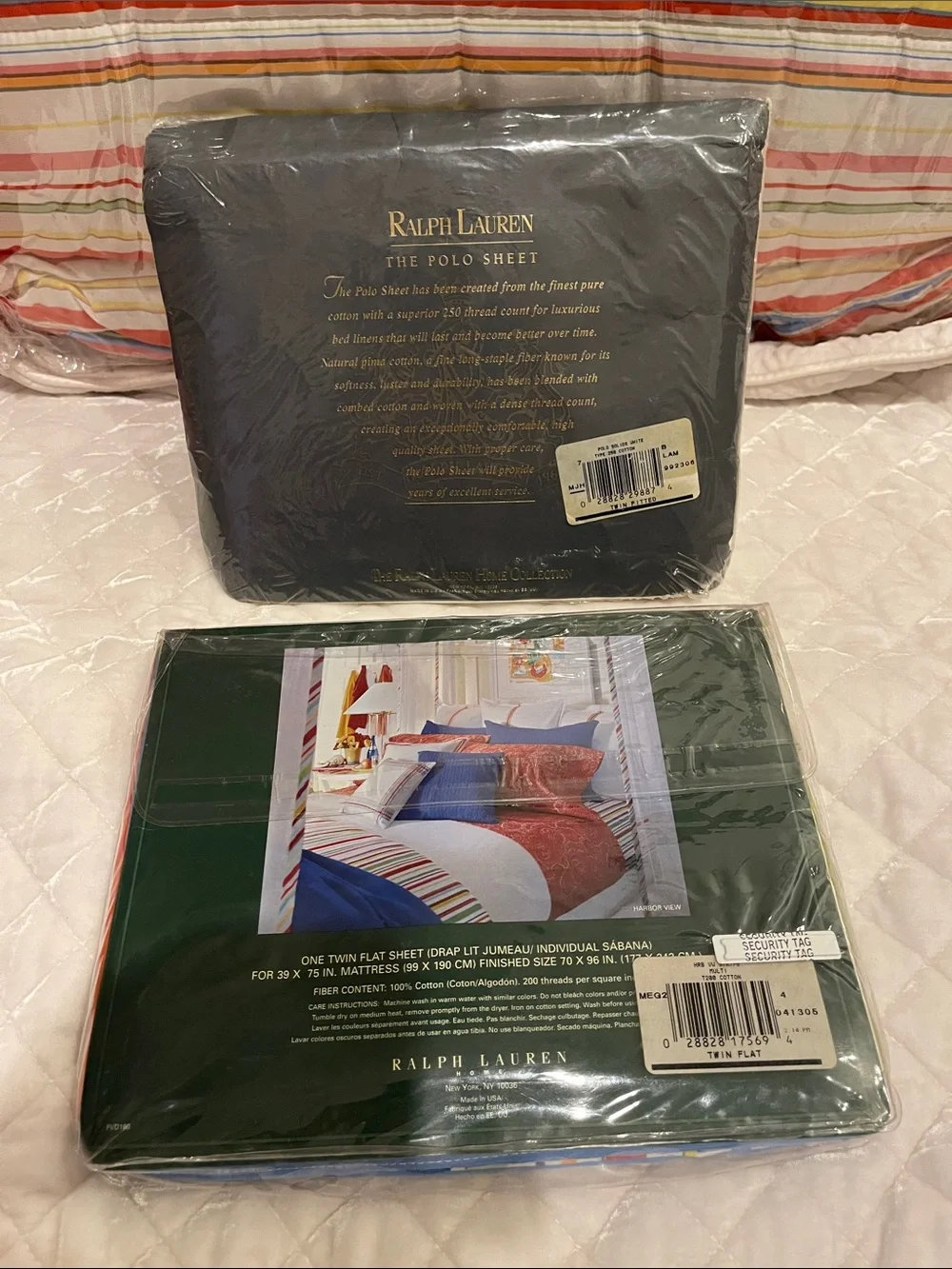 NEW Ralph Lauren Harbor stripe twin, flat sheet and polo white fitted sheet